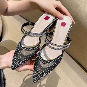 Size 31-43 Low 3CM Block Pointy Toe Sandals RTS Product Mesh Pumps <strong>Champagne</strong> Luxury <strong>Heels</strong> for Woman - Product Image 3