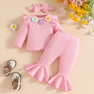 Ensemble de vêtements pour tout-petits filles 0-3 <span class=keywords><strong>ans</strong></span> Automne/Hiver 2025 : Haut décontracté à manches longues à motif floral, <span class=keywords><strong>pantalon</strong></span> évasé et bandeau à nœud - Product Image 2