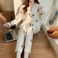 Ensemble de vêtements de détente pour femmes, printemps-automne, cardigan à col châle à manches longues et pantalon, imprimé de dessins animés mignons pour la maison et le streaming en direct