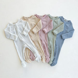 Tutina organica a costine in tinta unita convertibile copertura a mano pigiama pigiama a piedi per bambini con doppia Zip sul Footie per neonato - Product Image 1