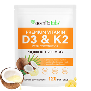 Cápsulas de Gel Suave de Vitamina D3 10000 UI y K2 200mcg para Adultos con Aceite de Coco para la Absorción de Calcio y el Apoyo Inmunológico - Product Image 1