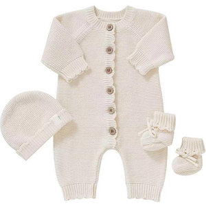 Ensemble 3 pièces nouveau-né en coton biologique MIQV : barboteuse tricotée, bonnet et chaussons – Tenue mignonne sans manches unisexe pour l'automne - Product Image 6