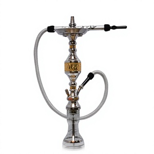 Authentique chicha égyptienne Khalil Mamoon, faite à la main, finition givrée, anneau doré moderne, crochet argenté, avec tuyau et noyau en laiton (87 cm) - Product Image 1