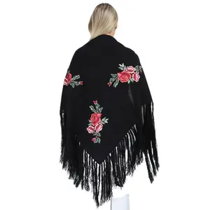 New Collection Custom Winter Women Black Shawl Coat Latest Design Ladies Clothing Cloak Fashion High Quality Rose Embroidered