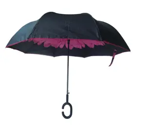 مظلة صديقة للبيئة مطبوعة بشعار مخصص قماش مزدوج مقاومة للرياح على شكل حرف C مقبض رأس لأسفل عكسي مظلة مطر للبيع