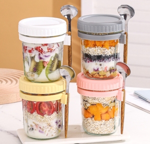 Nuevo juego de tarros de vidrio portátil de 11oz/350ml para Avena durante la noche Contenedor de taza de desayuno clásico con tapas y cucharas para fiestas - Product Image 5