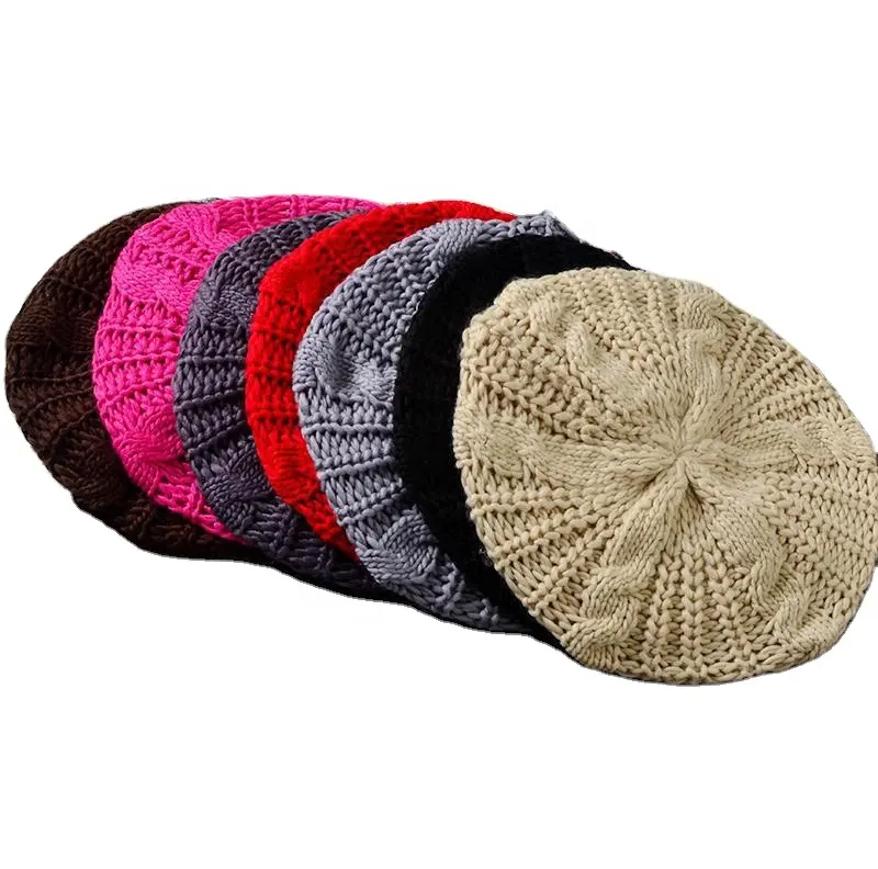 Cheap Plain Color Knitted Ladies Berets Soft Stretchy Autumn Winter Women Beret Hat