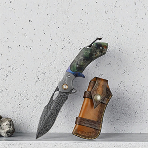 Cuchillo Plegable de Acero de Damasco con Hoja de Punta Caída y Perilla para el Pulgar, Cuchillo de Caza con Funda de Cuero - Product Image 3