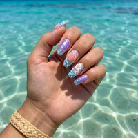 Ongles à presser personnalisés en forme d'amande, 30 pièces, avec fleurs 3D, coquillages et perles, en PMMA, longue durée, avec colle