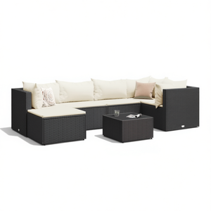Ensemble de salon de jardin en rotin noir et blanc crème, mobilier de jardin 6 places, sectionnel contemporain avec table basse - Product Image 1