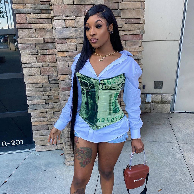 Женская корректирующая майка с принтом долларов, U-образный вырез, жилет, пикантный корсет, облегающая туника, топ, женский жилет, укороченный топ, утягивающее белье