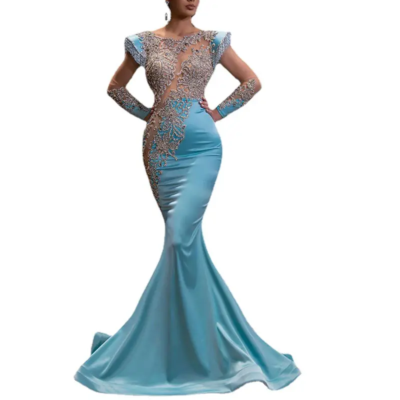 Yeni tasarım kadınlar parti abiye zarif dantel balo elbise prenses Maxi abiye giyim mavi elbise 1 parça kısa saten imparatorluk