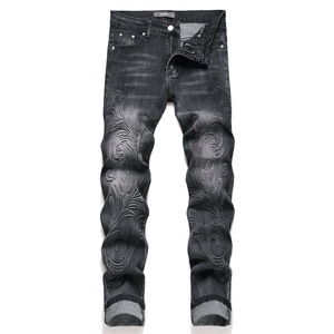 Jeans de Mezclilla para Hombre, Estilo Punk, Negros, Ajustados, Elásticos, Rotos, Bordados, Cintura Media, para Adolescentes - Product Image 1