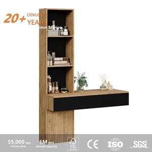 Table de maquillage murale flottante industrielle en bois noir avec <span class=keywords><strong>miroir</strong></span> LED rond, armoire de rangement et étagère – Vente en gros - Product Image 3