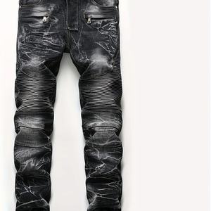 Jeans de Mezclilla Negros Desgastados para Hombre con Bolsillos Laterales con Cremallera, Estilo Urbano, para Uso Diario y Ocasiones Casuales - Product Image 1