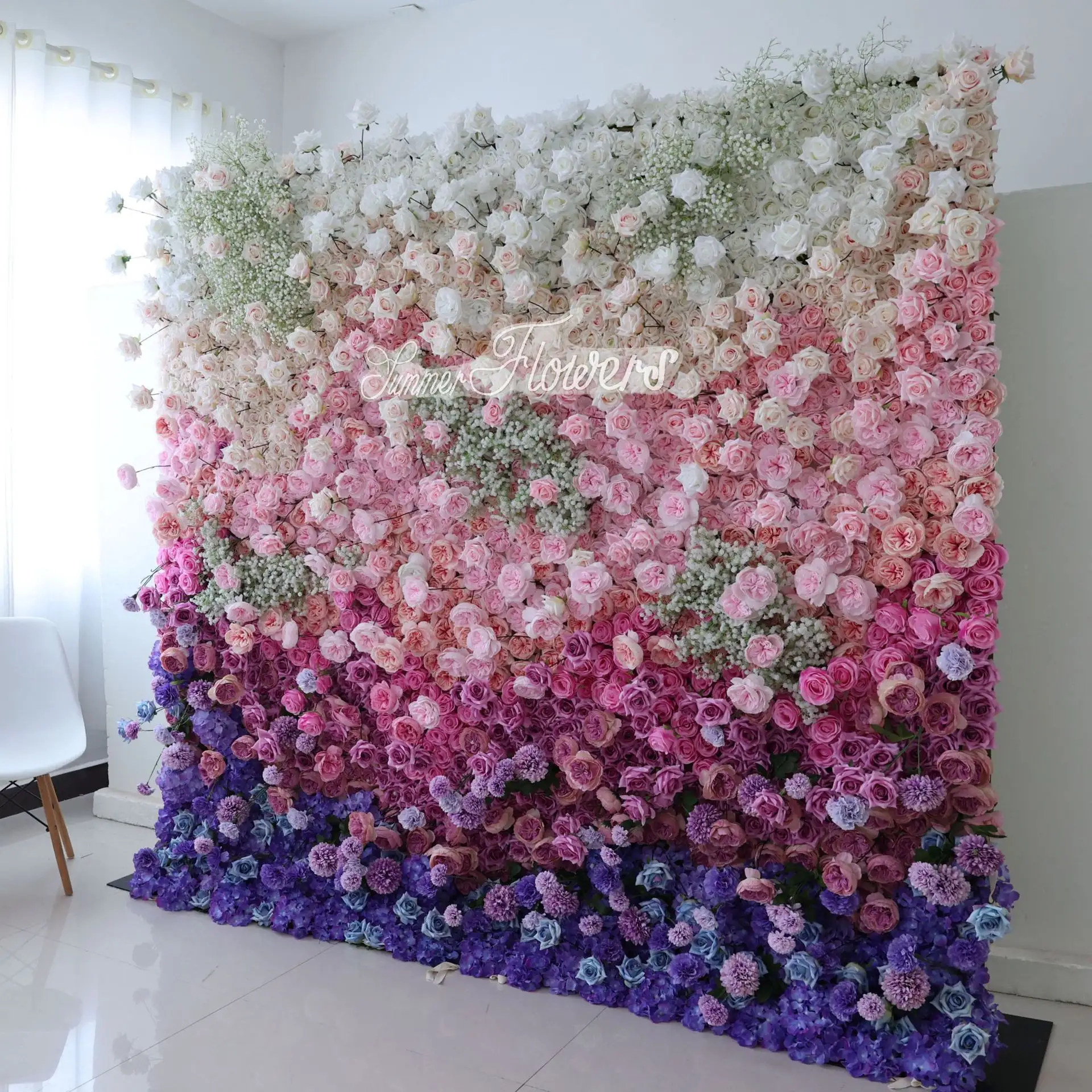 Hoge Kwaliteit Stof Basis 3d Valar Baby Adem Bloesem Muur Paneel Kunstbloemen Bulk Rose Gradiënt Kleur Roll Up Bloemenmuur