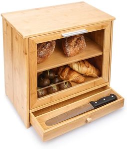 Combohome Natural Bamboo Bread Box 2 Adjustable Layer Bread Storage Bin with Clear Front Window and Tool Drawer Large Capacity