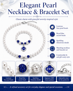Elegante Set di <span class=keywords><strong>Collana</strong></span> e Bracciale di Perle <span class=keywords><strong>con</strong></span> Accenti Blu, Gioielli per Confraternite Zeta Phi Beta, per Laurea o Eventi Formali - Product Image 6