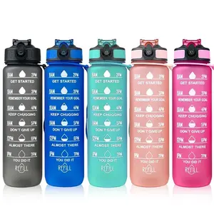 Saringan sedotan plastik kustom Filter olahraga Gym 1000ml 1L 32 oz 32 oz BPA gratis Tritan botol air motivasi dengan penanda waktu