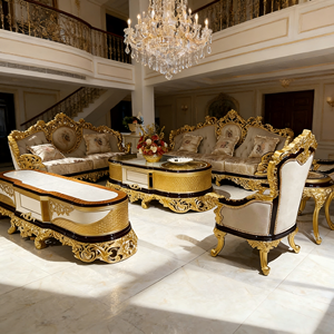 Set di Divani in Stile Reale Europeo, Arredamento per Soggiorno con Cornice Dorata Intagliata, Grande Set di Divani per Salotto - Product Image 6
