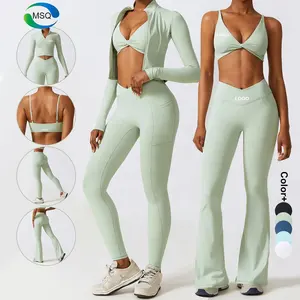Bareback Quick Dry Tight Flare Pants Yoga Sets with Pockets Gym Fitness Wear Zip Jacket Workout Outfit Running Sets for Women