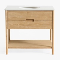 Meuble-lavabo moderne pour salle de bain avec évier encastré et comptoir, armoire autoportante en chêne clair avec 2 tiroirs et étagère ouverte