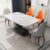 Mesa de Comedor Rectangular Contemporánea con Tapa de Piedra Sinterizada y Base Cruzada Dorada de Metal, Muebles Modernos para el Hogar