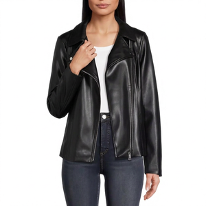 <b>Women</b> Black Leather Jacket Full Zip Lapel Collar Casual Biker Outerwear Winter <b>Coat</b> <b>Women</b> Black Leather Jackets - Product Image 6