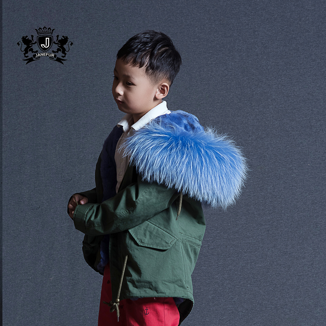 Latest Style Kids Fur Parka Denim Shell faux Fur Lined Fur Jacket Children Fashion Coat
