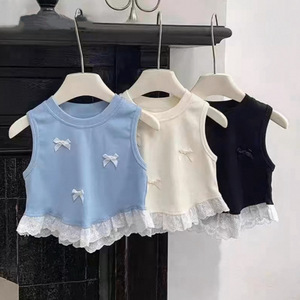 Débardeur sans manches à nœud papillon pour filles, nouveau top coréen en dentelle douce avec volants en polyester pour petites filles - Product Image 1