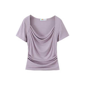 Camiseta de punto de manga corta para mujer, talla grande, ajustada, color liso, con diseño de cuello colgante, morado y negro, de la colección Loving You - Product Image 1