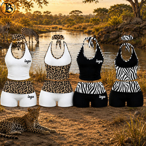 Conjunto de Dos Piezas para Mujer, Top Halter con Cuello en V y Estampado de <span class=keywords><strong>Leopardo</strong></span>/Cebra, y Pantalones Cortos Ajustados Plisados, para Fitness, Yoga, Ejercicio, Ropa Casual - Product Image 1