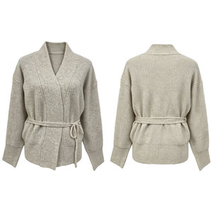 Cárdigan de punto cruzado con cinturón para mujer, cuello en V, suéter corto de punto acanalado, abrigo de punto holgado de manga larga, top de punto oversize - Product Image 4