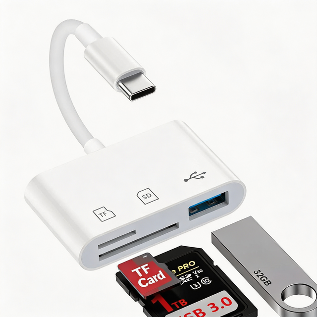 3-in-1 USB-C to SD/TF/MicroSD Card Reader Adapter, with AC Output, Supports OTG for Reading USB Flash Drives/mice/keyboards, Etc