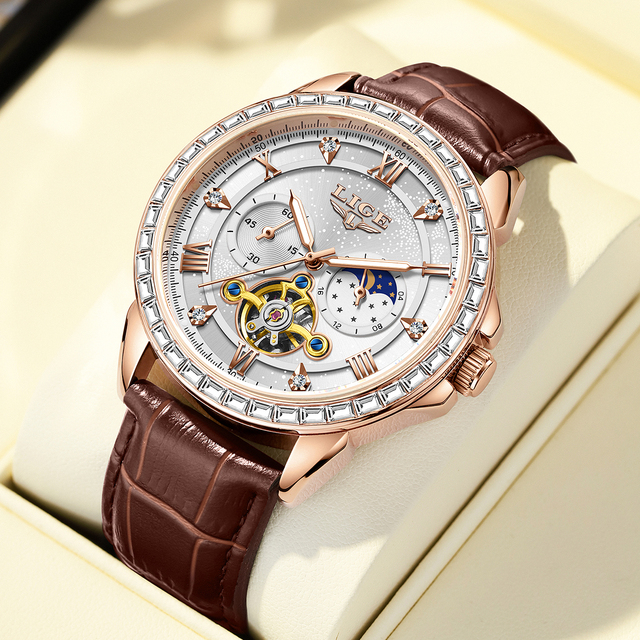 LIGE LG6828 Starry Sky Brown Leather Men Diamond Automatic Watches Mechanical Self Winding Luxury Moon Phase WristWatch for Men