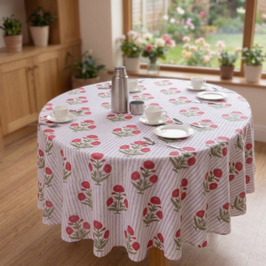 Hand Block Print Poppy Floral Stripe Print <b>Table</b> <b>Cover</b> Handmade Tablecloth <b>Dining</b> <b>Table</b> Linen Wholesale Supplier - Product Image 1