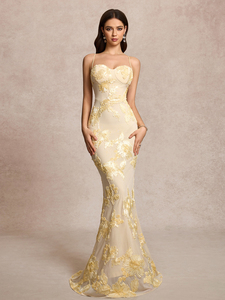 Abito da festa elegante da donna senza maniche, senza schienale, <span class=keywords><strong>con</strong></span> <span class=keywords><strong>spalline</strong></span> <span class=keywords><strong>incrociate</strong></span> regolabili, stampa floreale ricamata in 3D e orlo a coda di pesce - Product Image 3