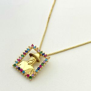 Raffredda rettangolo religiosi santi cristiani modello con gemme colorate placcato in oro 18K ciondolo ciondolo in ottone rame - Product Image 1