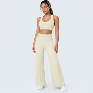 Set Yoga <span class=keywords><strong>con</strong></span> Logo Personalizzato, Pantaloni Morbidi a Gamba Larga, <span class=keywords><strong>Reggiseno</strong></span> <span class=keywords><strong>Sportivo</strong></span> Imbottito e Completo da Allenamento per Donne - Product Image 2