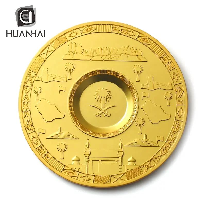 Juego de monedas conmemorativas chapadas en oro mate personalizado con placa de recuerdo con logotipo 3D de Arabia Saudita