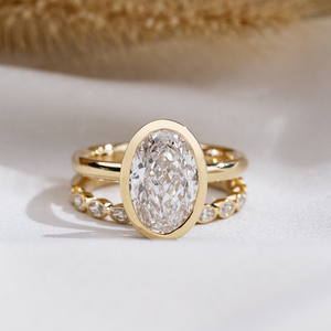 Messi Jewelry MSR-2132 18K Gold Oval Shape Bezel Setting Lab Grown <b>Diamond</b> Wedding <b>Ring</b> Set - Product Image 1