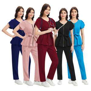 Uniforme <span class=keywords><strong>de</strong></span> Enfermera Suave con Mangas con Volantes y Cinturón, Diseño <span class=keywords><strong>de</strong></span> Cuello con Cremallera, Uniformes <span class=keywords><strong>de</strong></span> Enfermera para Hospital - Product Image 1