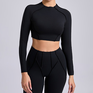 Aoyema abbigliamento sportivo da donna nuovo stile di vendita di moda Soft <span class=keywords><strong>Fitness</strong></span> Skinny Cropped <span class=keywords><strong>Top</strong></span> tinta unita elasticizzato Yoga manica lunga da palestra - Product Image 5