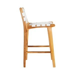 Tabouret de bar moderne en bois avec assise et dossier en similicuir tressé blanc, design côtier, mobilier pour la maison - Product Image 6