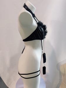 X1823 alta calidad barato negro pluma y cuero uniforme Tanga equipado con cadena de cuello Sexy <span class=keywords><strong>tetona</strong></span> mujer mono Lencería - Product Image 6