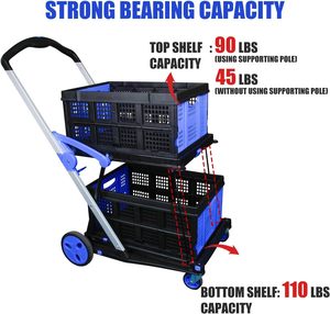Chariot de magasinage avec 2 caisses de rangement, chariot d'épicerie pliable multi-usage à deux niveaux chariot utilitaire robuste chariot pliant - Product Image 4