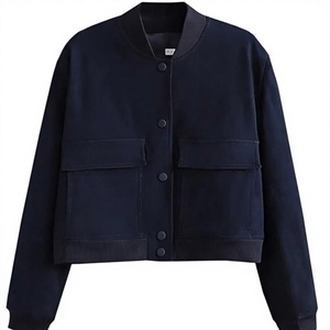 Women's Solid Color Varsity <b>Jacket</b> Full <b>Sleeve</b> Stand Collar Button Closure <b>Short</b> Length Autumn Wear - Product Image 1