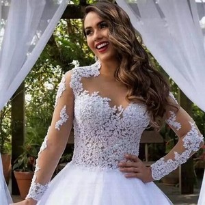 White Ball Gown Wedding Dress Sweetheart Neckline Empire Waist Crochet Vintage Long Train Lace Trim Full Skirt - Product Image 3