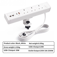 Multiprise de bureau à fixation sur bord de table en aluminium, 3 prises, 2 ports RJ45 CAT6, USB-C 20W à charge rapide, gain de place, pour bureau (Royaume-Uni)