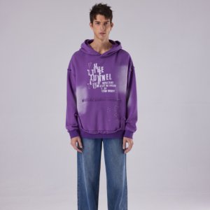 <span class=keywords><strong>Felpa</strong></span> con Cappuccio <span class=keywords><strong>Oversize</strong></span> <span class=keywords><strong>Viola</strong></span> da Uomo Vintage Lavata Effetto Consumato con Stampa di Lettere - Product Image 2